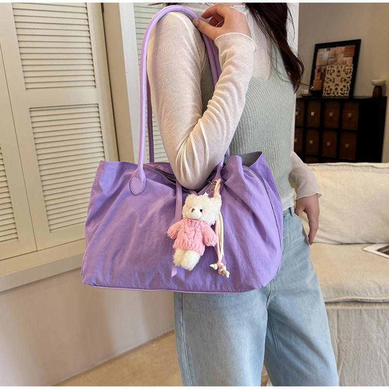 Korean Nyl Shoulder Bag, Spacious Multi-pocket Tote, Double-zip Commute Bag With Bear Pendant, Lightweight Multi-layer Shopper