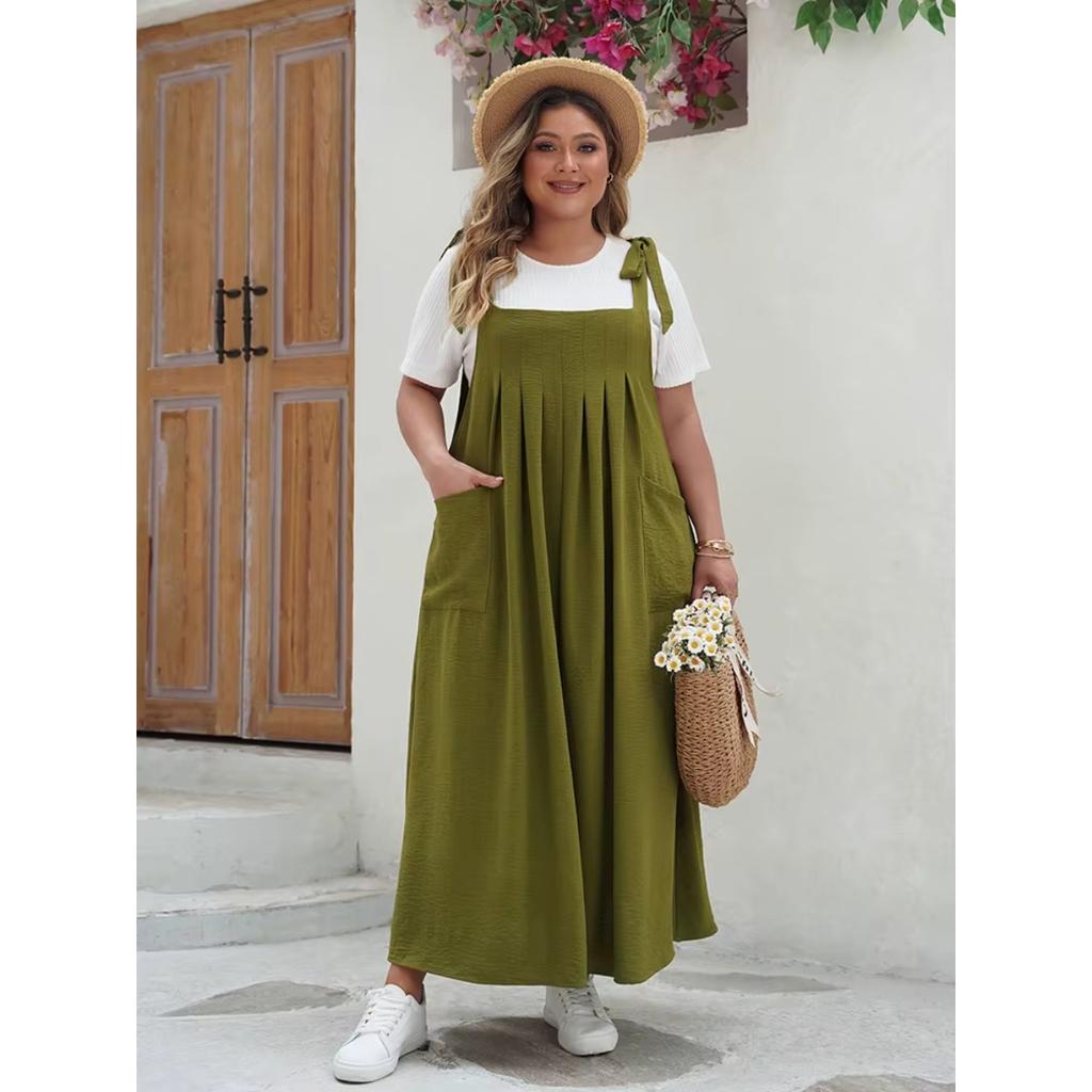 Plus Size Solid Tie Shoulder Overalls Dress For Women  Summer Casual Loose Sleeveless Maxi Long Dresses with Pockets
