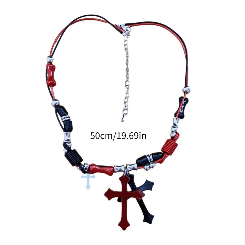 Subculture Rock Beaded Necklace Niche Retro Black Red Crossed Pendant Bead Acrylic Necklace Summer Bead Necklace Jewelry