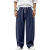 Men’s All-Season Lightweight Linen Trousers with Colour-Blocked Elasticated Waistband, Loose-Fit Curved-Leg Casual Trousers