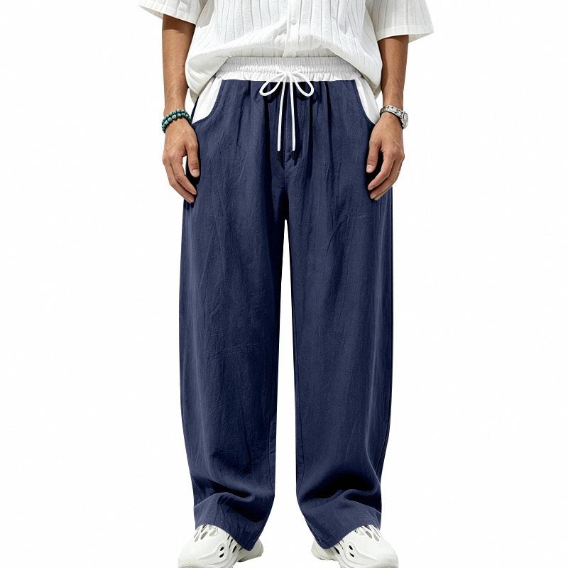 Men’s All-Season Lightweight Linen Trousers with Colour-Blocked Elasticated Waistband, Loose-Fit Curved-Leg Casual Trousers