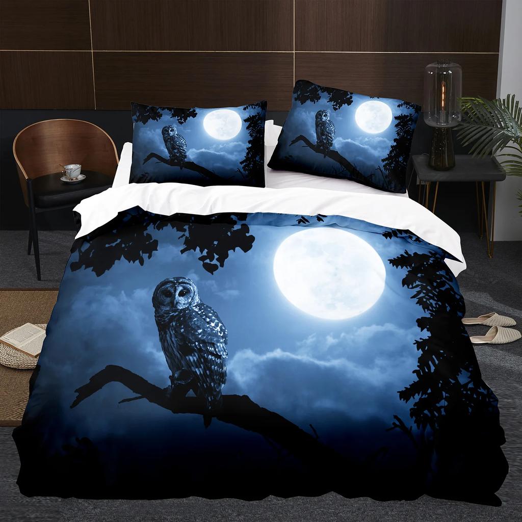Owl Duvet Cover Set 3D Safari Wildlife Print Comforter Cover Bird Animal Personalized Nighthawk Queen Size Polyester Quilt Cover