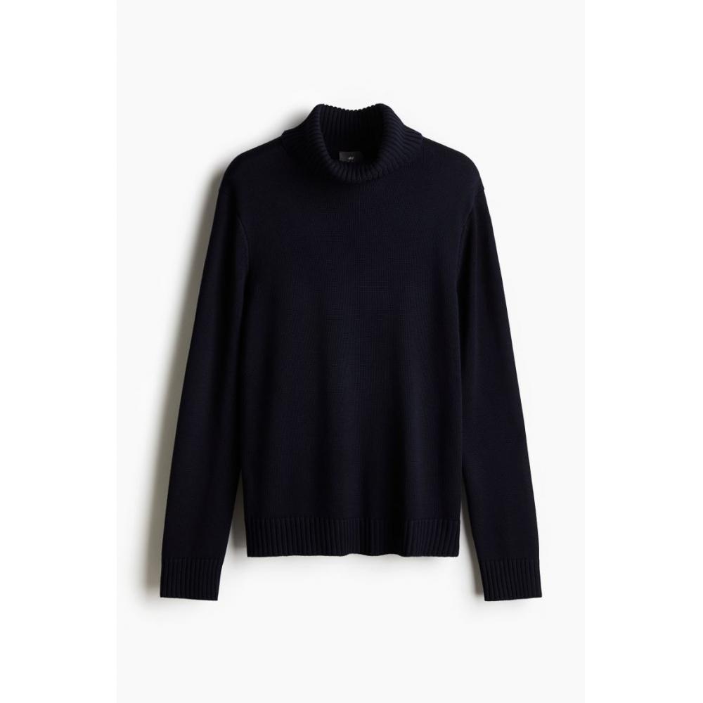H M Cotton Blend Turtleneck Sweater Navy