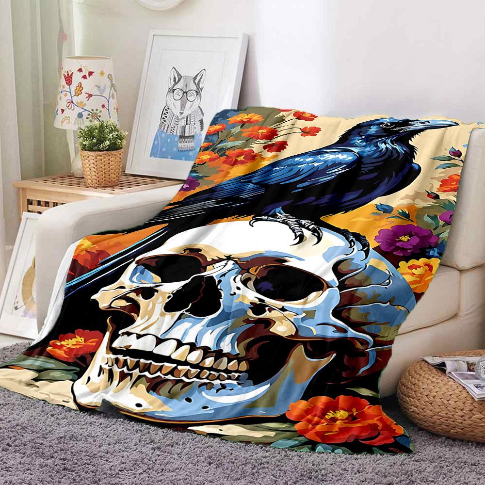 1pc Skull Raven Lightweight Flannel Blanket, Comfortable and Warm Blanket, for Office and Camping Sofa Bed, Livingroom132