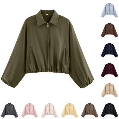 Women's Fashion Short Loose Fit Puffy Zipper Long Sleeve Jacket Outerwear