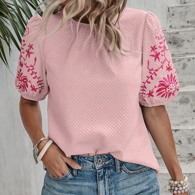 Ladies Summer Embroidery Short Sleeve O Neck Casual Pullover Blouse Shirt Top