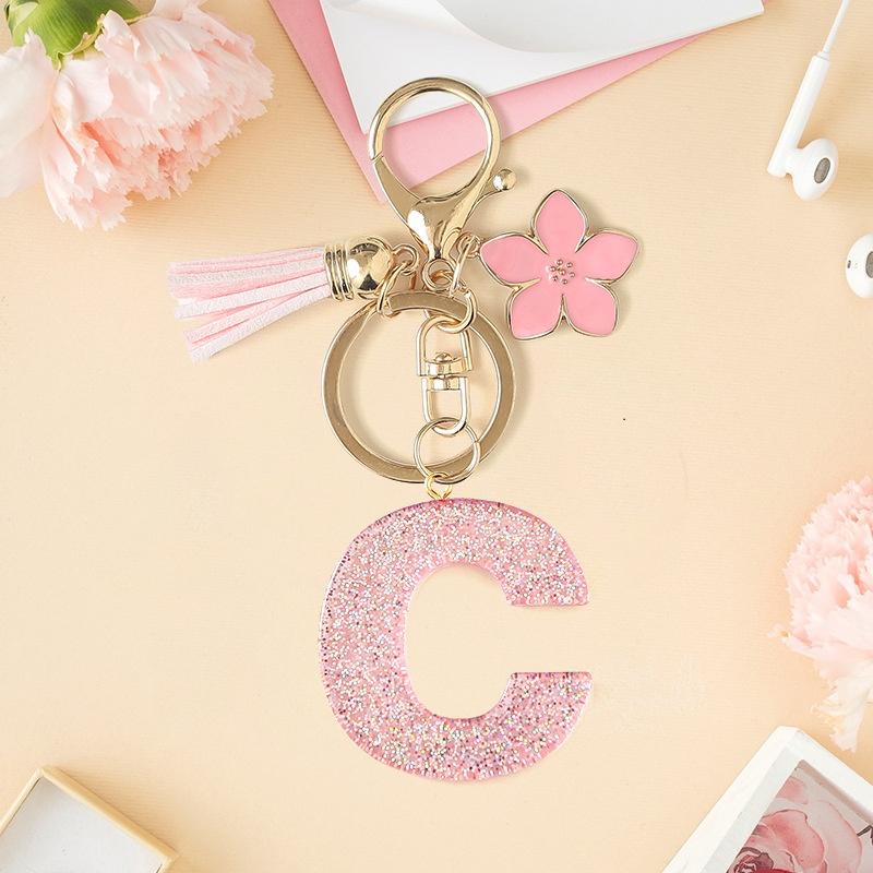 A-Z Glitter Pink Initial Letter Keychain Flowers Tassel Resin Car Keyring Women Girls Backpack Charms Accessories Year Gifts