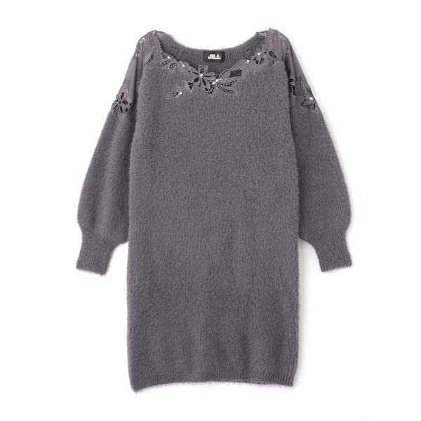 Jill by Jill Stuart Women's Casual Dress, Flower Pearl Embroidery Knit Dress, Light Gray, FR