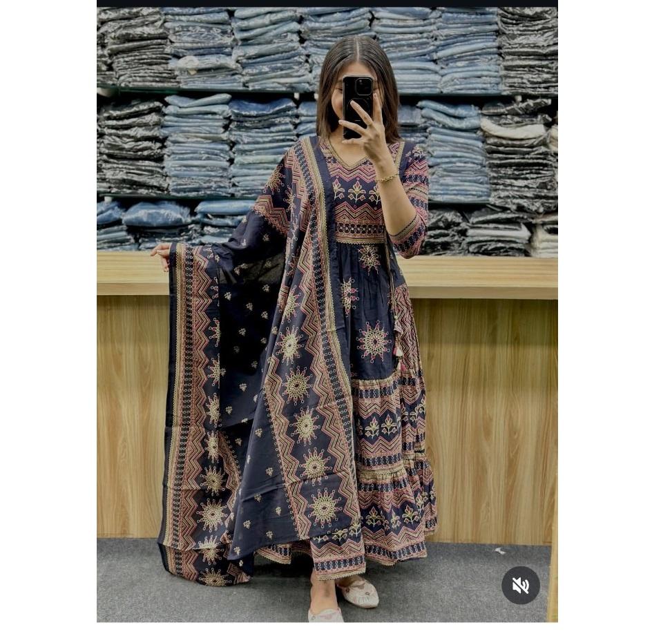 Women Bollywood Printed Cotton Anarkali Kurta Pant Dupatta Set Indian Designer Top Tunic Salwar Suit