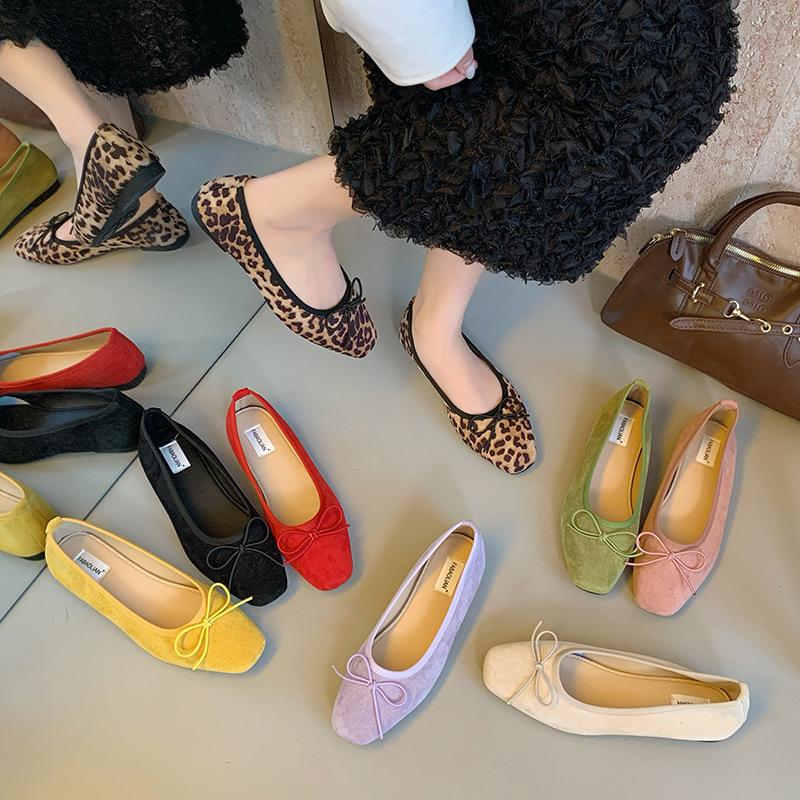 2025 retro small single shoes round head shallow mouth bow flat heel suede fashion shoes inner bow soft sole grandma shoes