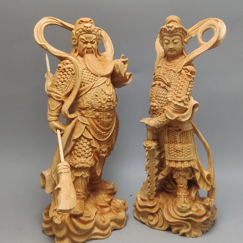 Natural Solid Wood Guan Gong Statue, Wei Tuo Protectors, Home Carving, Office, Feng Shui Figure