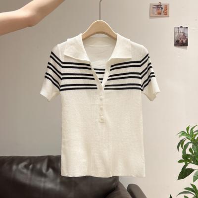 Korean Button-up Semi-open Neck Short-sleeved T-shirt Striped Knitted Sweater Women's Slim-fitting and Thin Summer Beautiful Slim-fitting Small Top