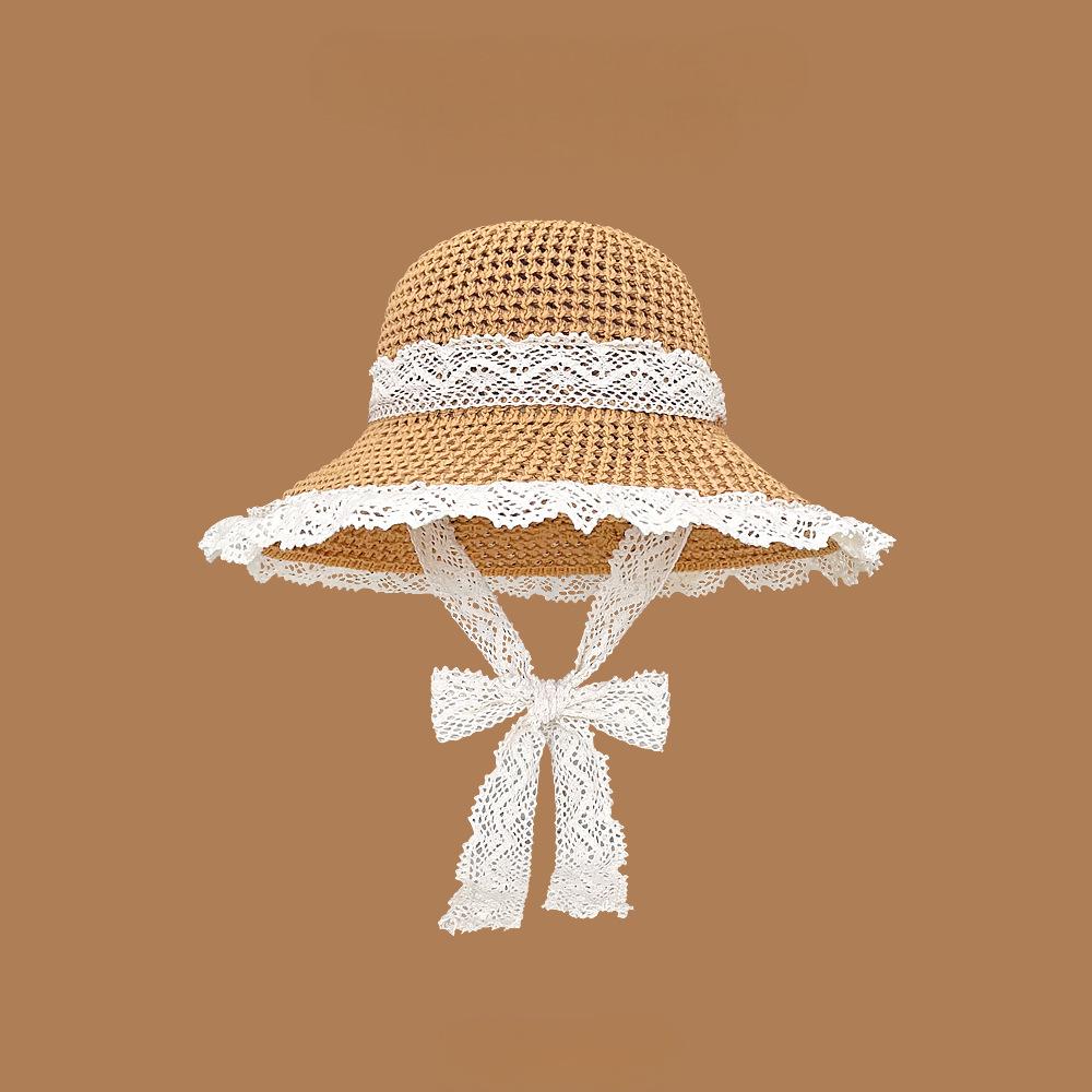 1PC French Straw Hat Women's 2025 Summer New Breathable Lace Straw Hat Lace-up Hollow Straw Hat