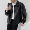 Men Jacket Lapel Long Sleeve Flap Pockets Single-Breasted Jacket Coat Solid Color Loose Fit Waterproof Warm Imitation Leather Jacket
