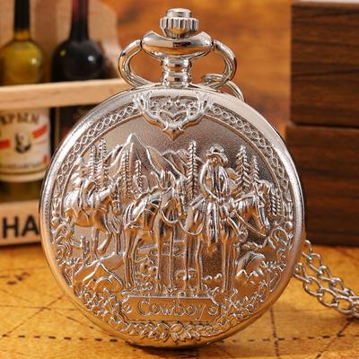 Retro Fashion Men's Silvery Pocket Watches,Vintage Western Cowboy Design Pattern Necklace Pendan Quartz Pocket Watch,gifts for Men
