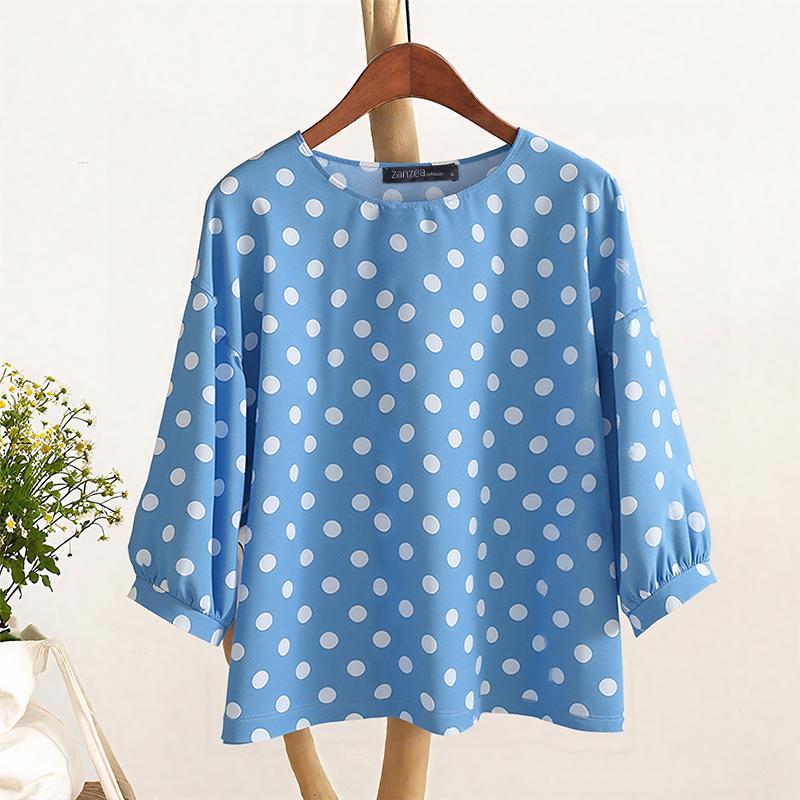 ZANZEA Women Casual Round Neck 3/4 Sleeve Loose Polka Dot Print Blouse