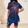 Women Plus Size 2 Piece Set Crew Neck Short Sleeve Side Slit Top Biker Shorts Red Blue Gold Star Paint Print Outfit