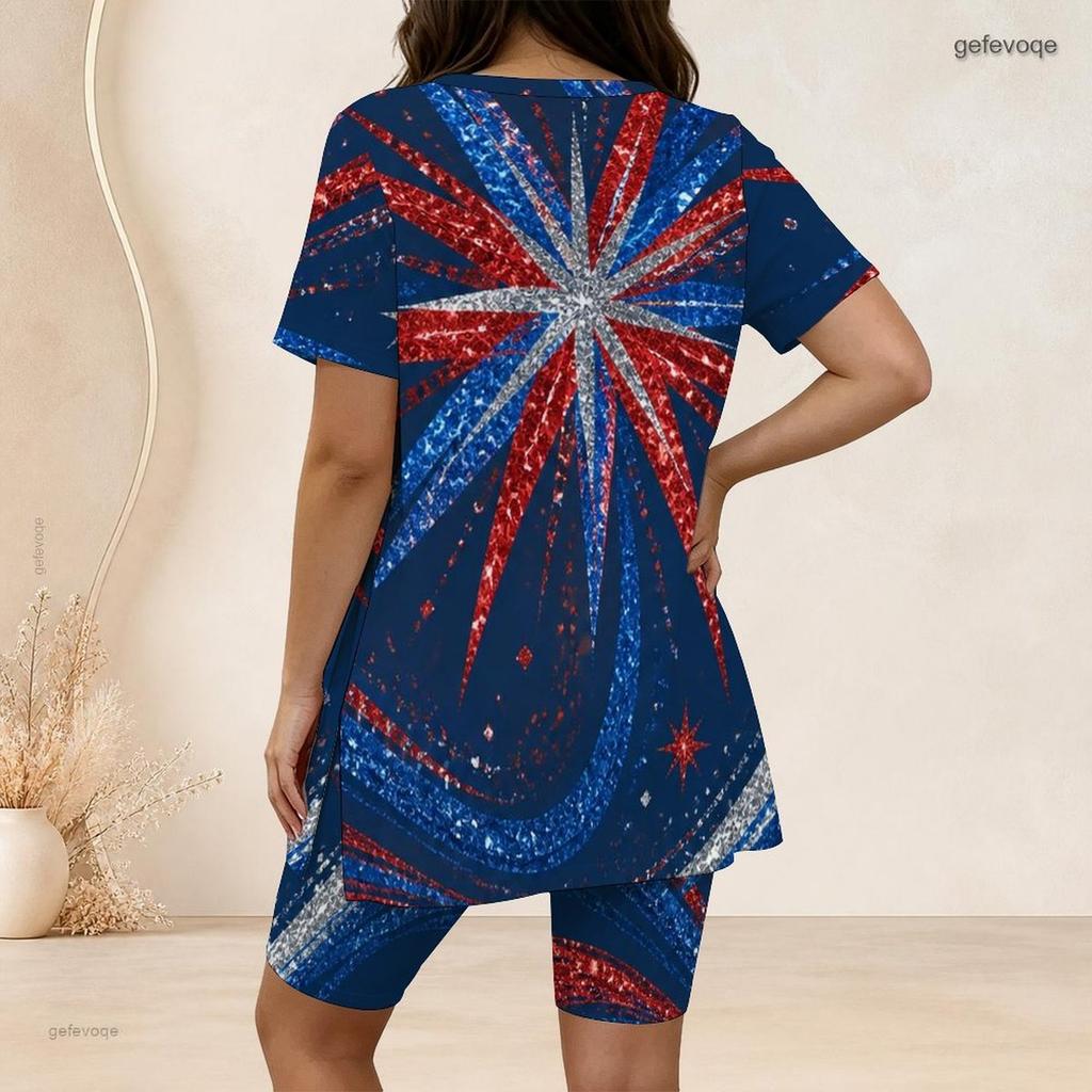 Women Plus Size 2 Piece Set Crew Neck Short Sleeve Side Slit Top Biker Shorts Red Blue Gold Star Paint Print Outfit