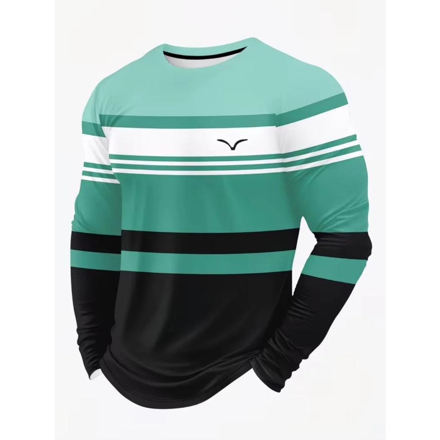 Vintage Men's Long Sleeve T-Shirt, Striped Printed Top, 3D Striped Print Loose Streetwear