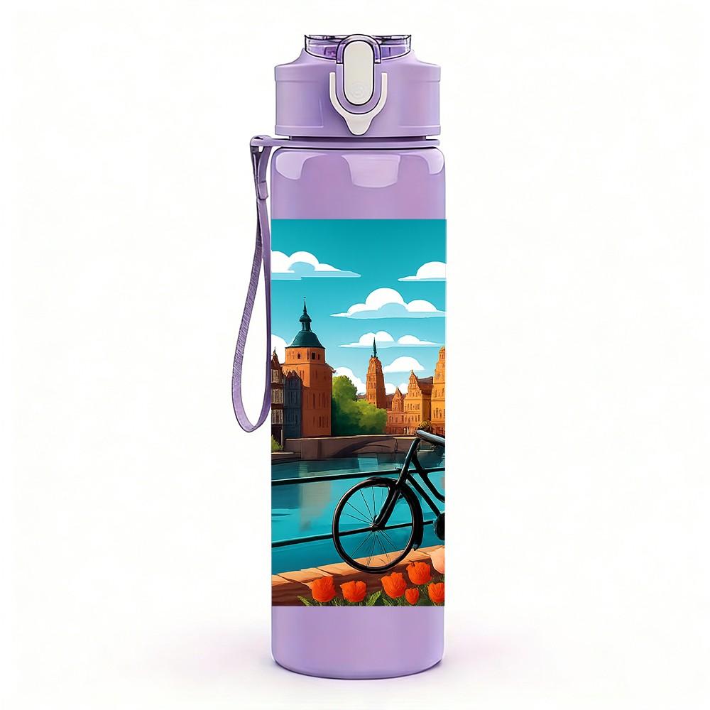 1PC City River Landscape Painting 750ml Color Plastic Sports Water Bottle Leakproof Flip Straw Lid Suitable for Sports Office Home Use