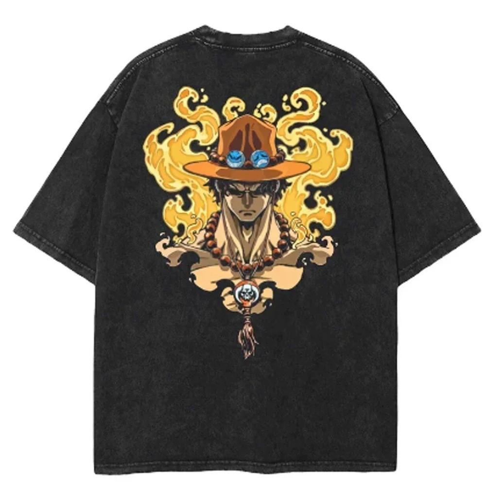One Piece Tee Men Casual Oversized Washed Harajuku Tshirt Japanese Anime
