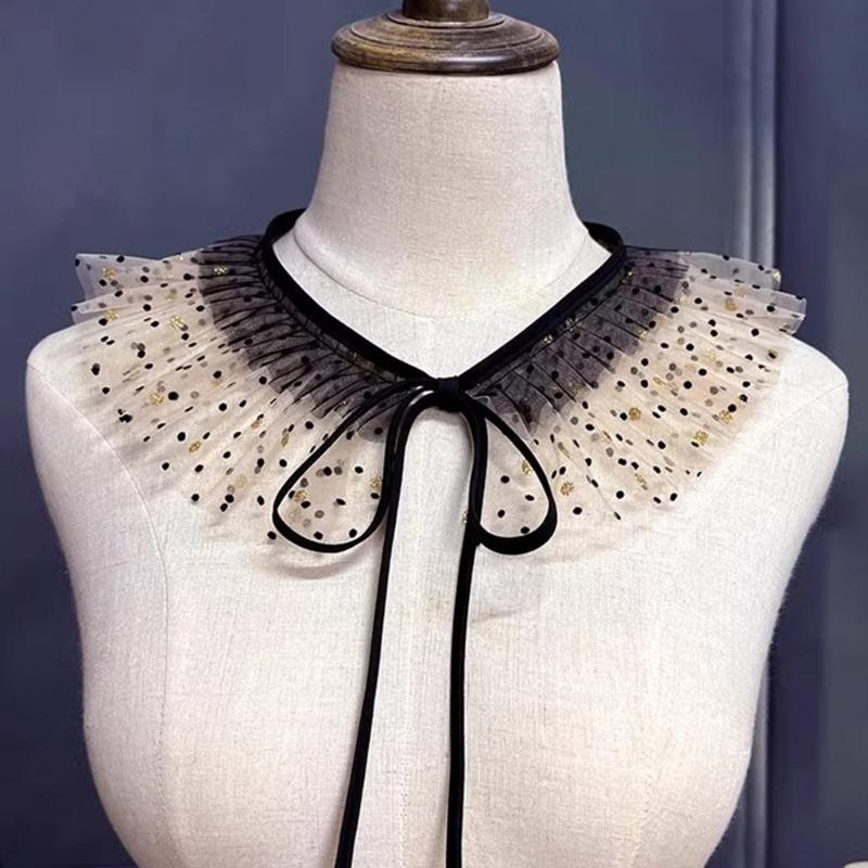 Women Elegant Dots Sheer Organza Mesh Ruffled False Collar Detachable Shawl Scarf Capelet for Sweater Dresses