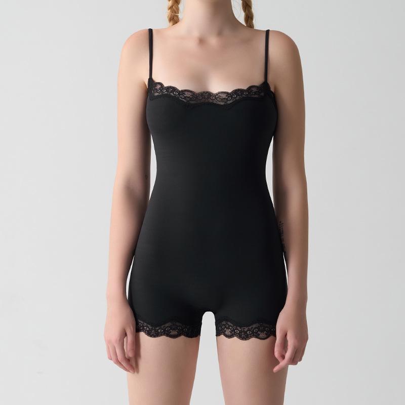 European & American Sexy Lace Slim Jumpsuit with Adjustable Straps, Breathable Nude Boxer Crotch, and Hip-Lifting Design