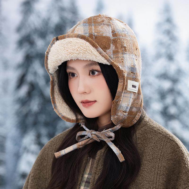 Retro Color blocking Plus Velvet Leeve Hat Japanese Windproof and Warm Hat Women's Outdoor Riding Casual Ear Protection Hat