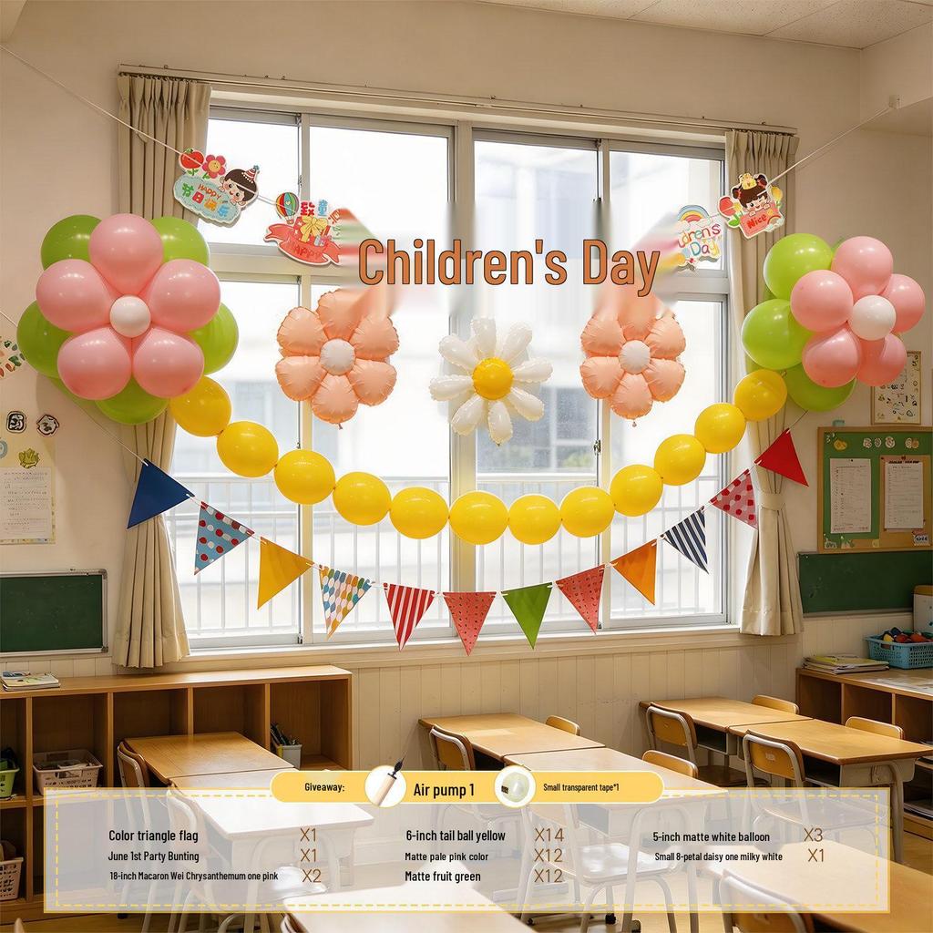 Children's Day Classroom Decorations: Blackboard, Flowers, Balloons, Flag Banners for Kindergarten Atmosphere and Photo Setup