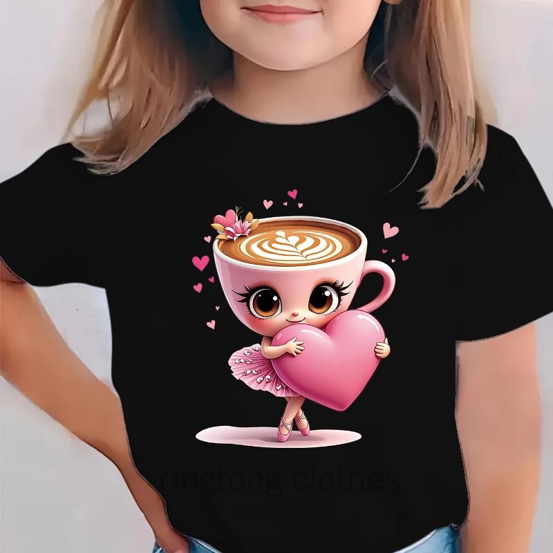 Letní Móda Dívčí Tričko s Krátkým Rukávem Italský Mozek Hnijící Držící Srdcovitý Cappuccino Balerína Kreslený Vzor Potisk Ležérní Univerzální Vrchní Díl