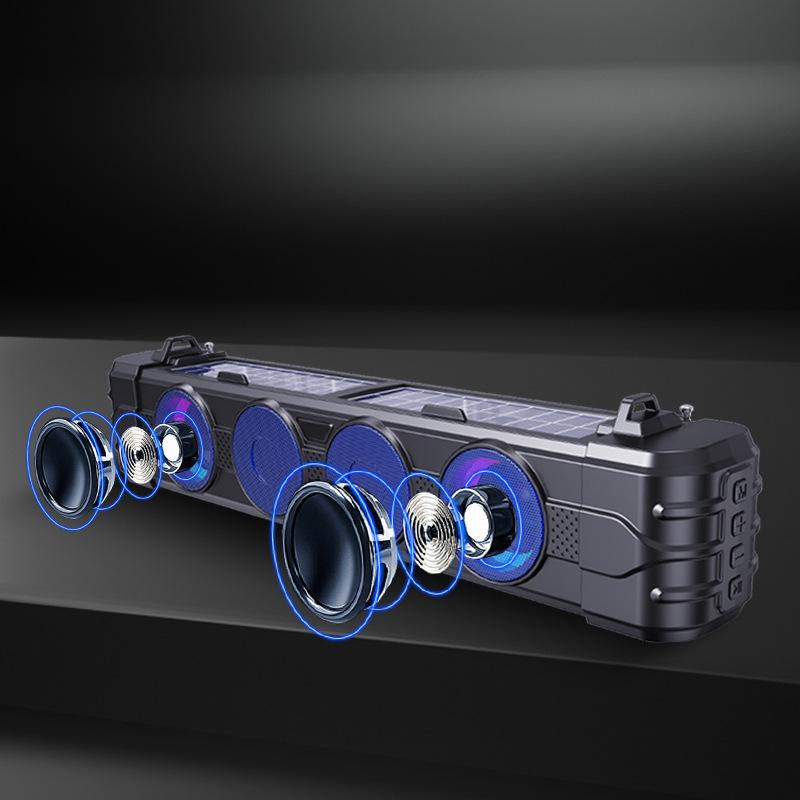 Tragbarer Solar-Bluetooth-Lautsprecher mit UKW-Radio, Doppelantennen, 2×5W-Treibern, RGB-Beleuchtung, USB-/TF-Kartenunterstützung, 1200mAh-Akku, Kabellose Soundbar