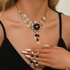 3PC Women's Fashion Trend Black Gold Flower Necklace Earrings Zircon Set Wedding Banquet Party Festival Gift