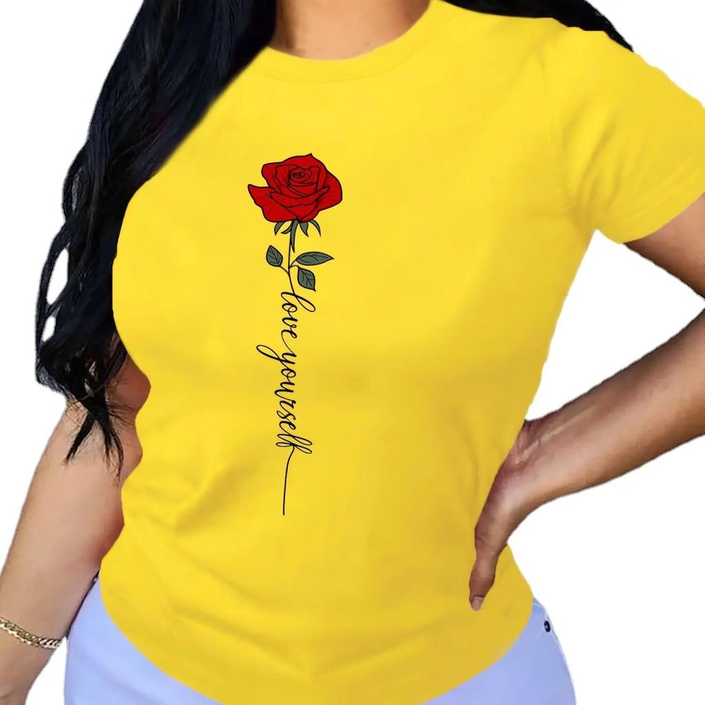 Letter & Rose Print T-Shirt, Crew Neck Short Sleeve T-Shirt, Casual Every Day Tops, WoUnisex Clothing Unisex