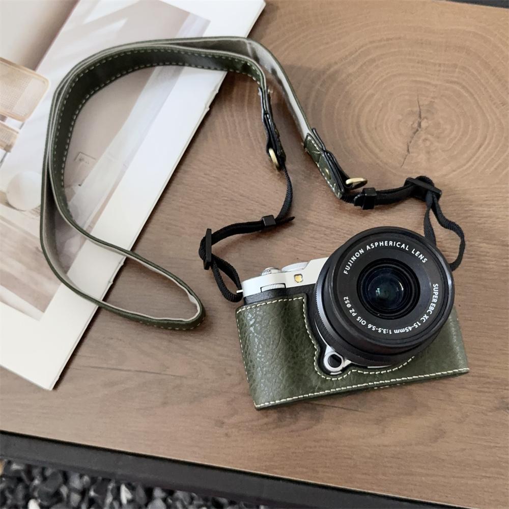Ručně vyrobený poloviční kožený pouzdro z PU pro fotoaparát Fujifilm XM5 Fuji X-M5 Spodní kryt prostoru pro baterii s popruhem