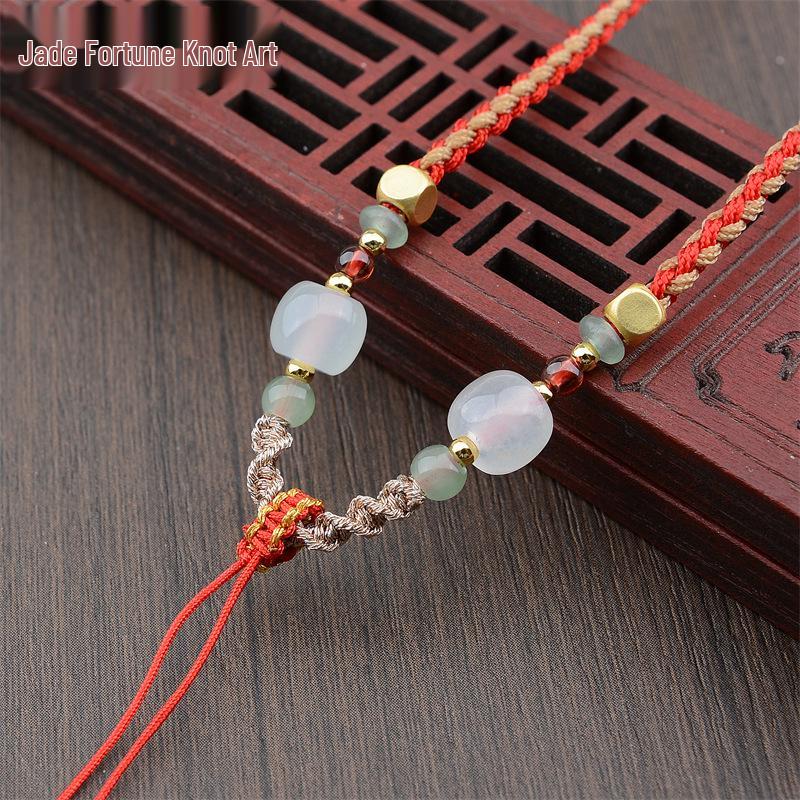 Four-Strand Braided Necklace Lanyard with Jadeite, White Agate, and Dongling Jade Pendant