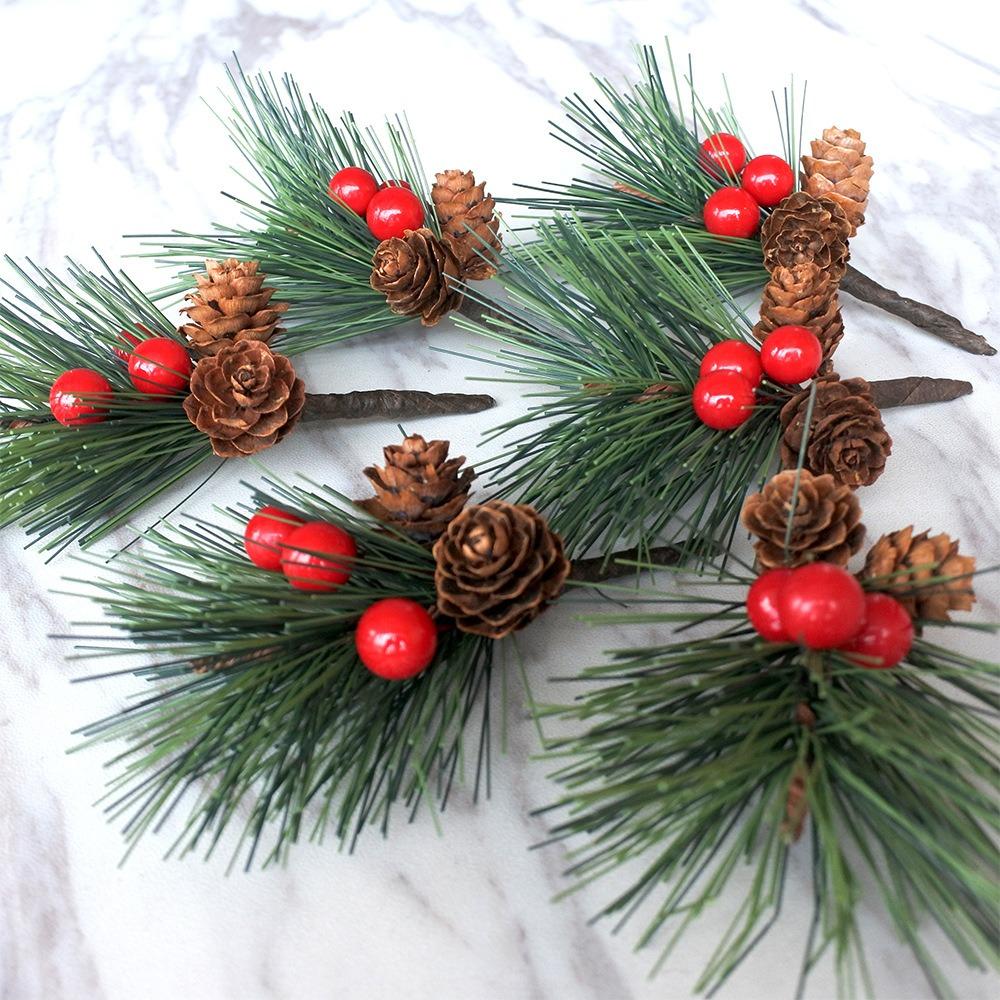 Christmas Pine Picks Artificial Red Berries Branches with Pinecone Stem for DIY Wreath  Navidad Party Decor Supplies