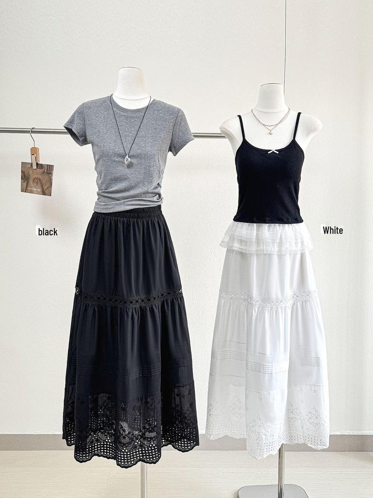 2026 Summer Elegant Women's A-line Skirt: Water-Soluble Lace, Crochet, Versatile Patchwork, Long, White