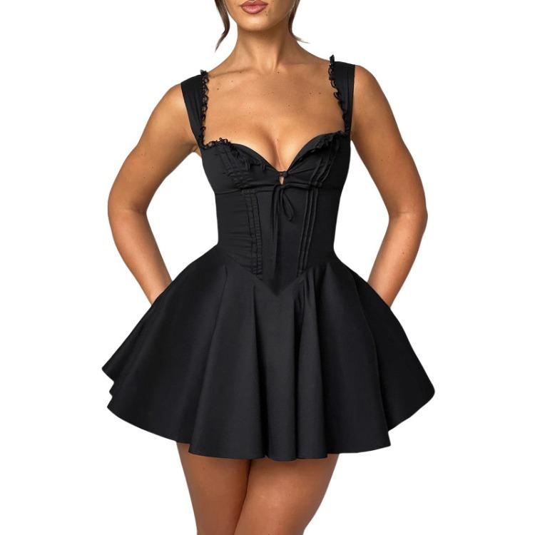 Tief ausgeschnittenes rückenfreies Mini-Korsettkleid für Damen mit Rüschensaum, ärmellos, A-Linie, Party-Club-Kleid