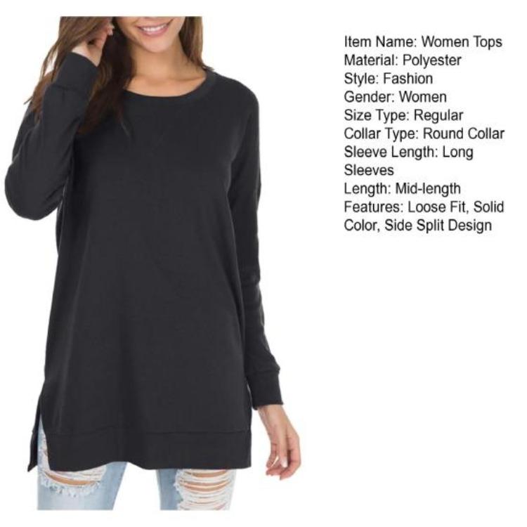 Long Sleeve Round Neck Pullover Tops for Women with Side Split Hem
