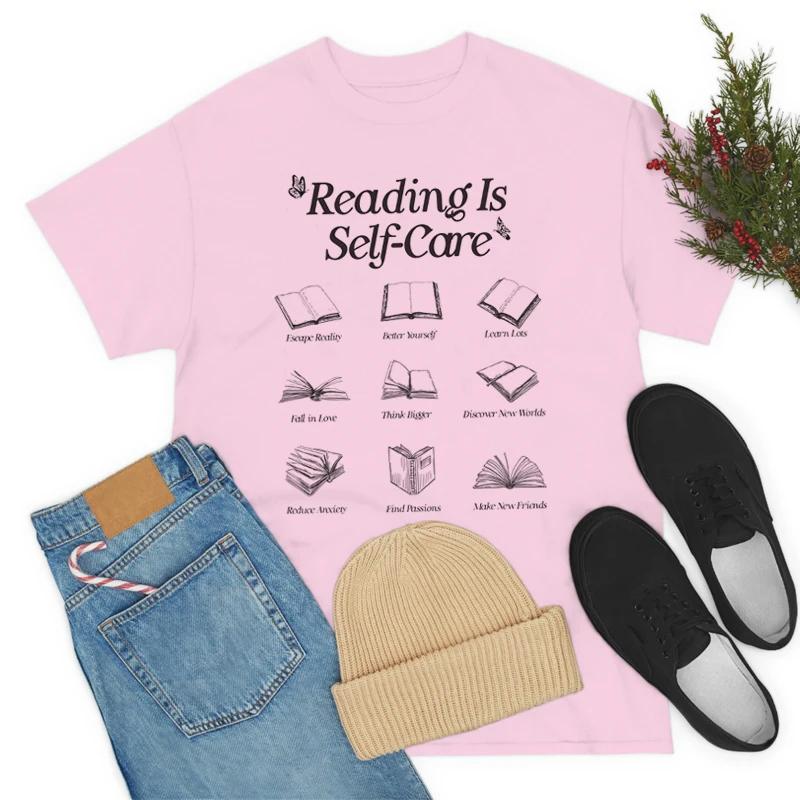 Reading Is SelfCare Bookworm Graphic TShirts Women Retro Boho Bookish Unisextal Health T Shirt Cute Loose Book Lover Tees Gifts