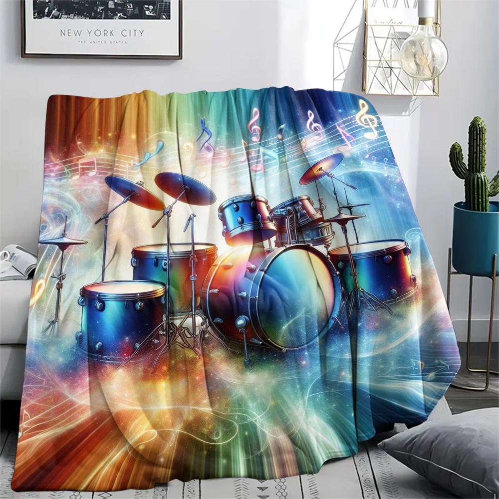 1Pc Drum Set Print Flannel Blanket, High Quality Comfortable for All Seasons, Home Decor, Warmth and Comfort, Perfect for Gifts
