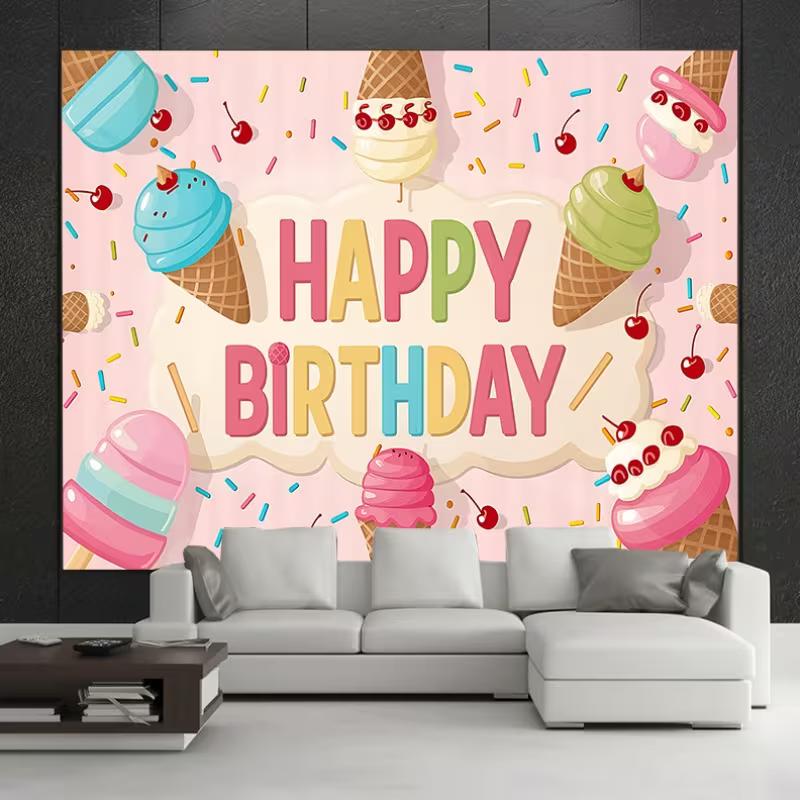 2D Pastel Ice Cream Cone Birthday Backdrop Cherry Sprinkle Kids Party Background