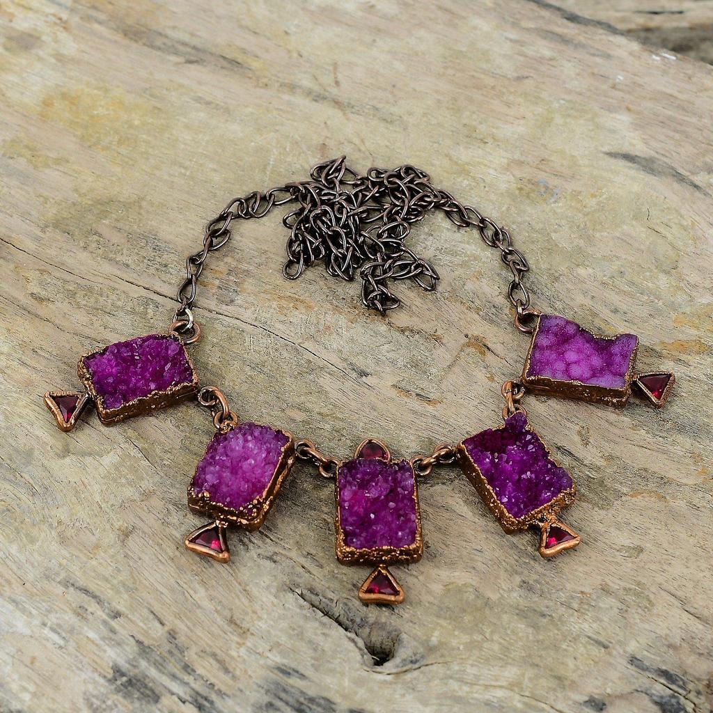 Rosa Druzy Halskette Rosa Turmalin Rohe Halskette Galvanogeformte Kupfer Halskette Verstellbare Kette Halskette Galvanogeformter Edelstein Schmuck