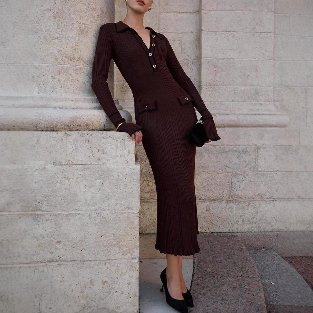 2025 Autumn European & American Women's Knitted Wool Dress with Button Shirt Collar