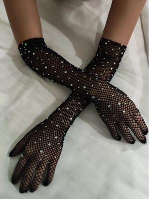 Rhinestone Shiny Sleeve Covers Women Party Sexy Lace Black Elastic Hollow-out Long Fishnet Gloves Performance Dance Hand Gloves