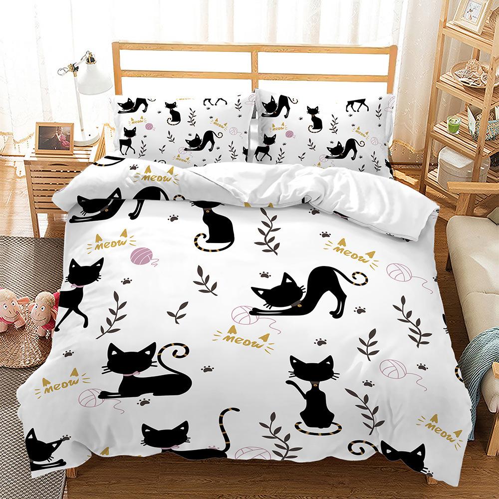 Color Cartoon Cute Kitten Duvet Set Digital Printing Three-Piece Bedding Set