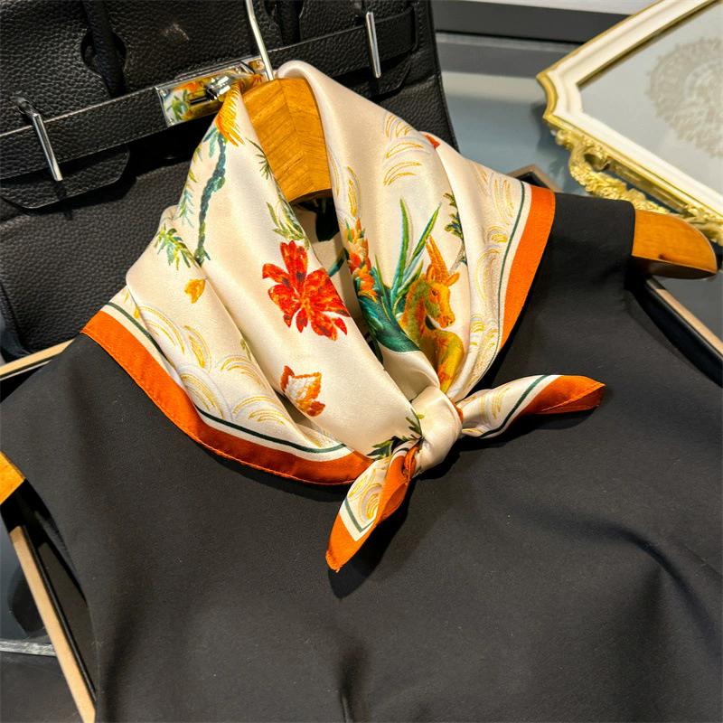 53cm Square Scarf 100% Pure Real Silk Scarves for Women Foulard Fashion 2025 Floral Brand Print Shawls Hijab Bandana Headband