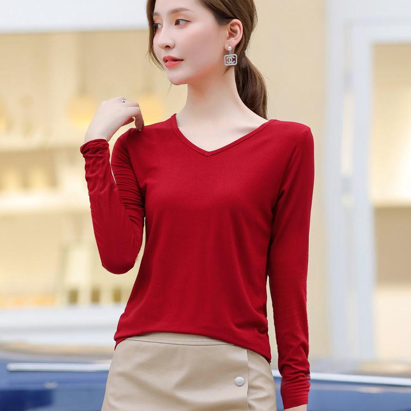 Spring Autumn Women Solid Basic Bottoming T-shirt Female Clothing Fashion Casual Modal Knitted V-Neck Versatile Long Sleeve Top