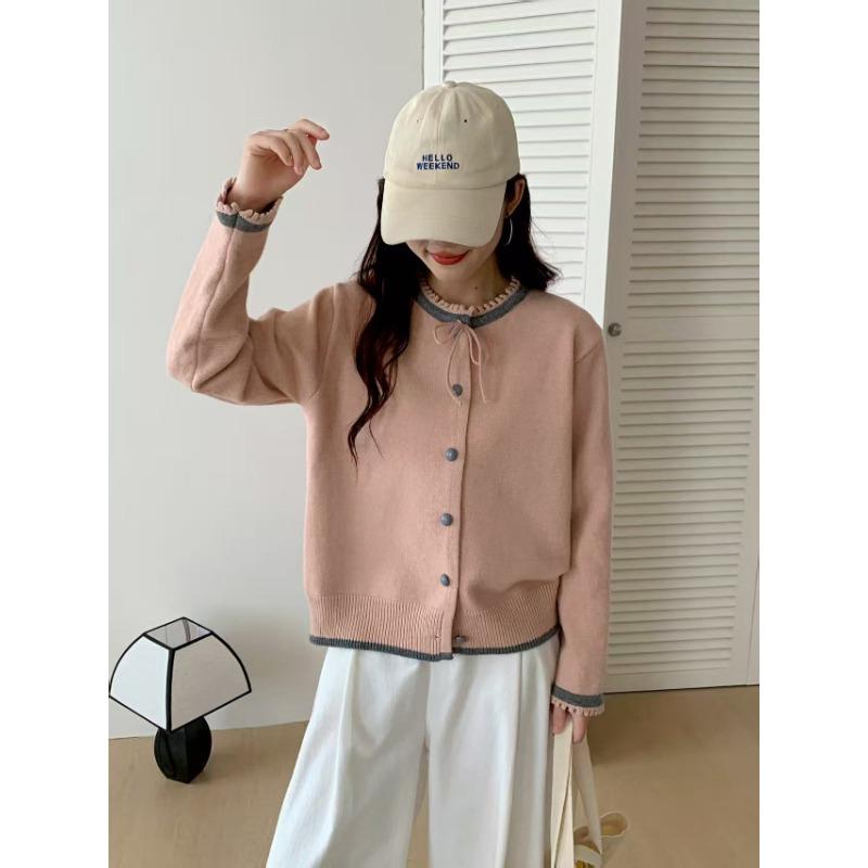 Autumn and Winter New Lace Neckline Lace-up Sweater Jacket Women's Knitted Cardigan Soft Waxy Short Top