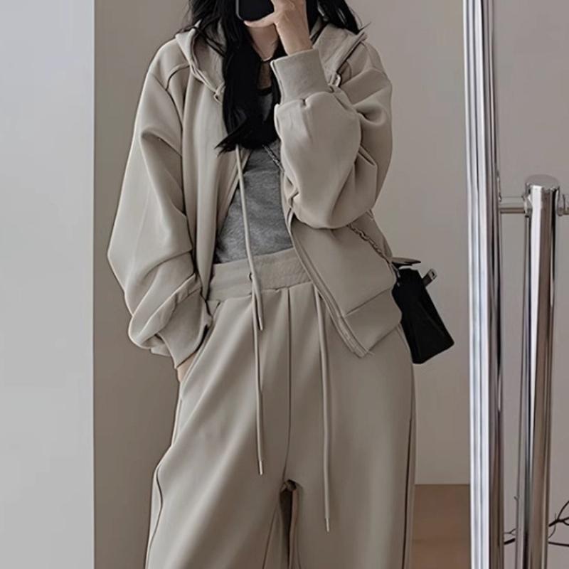 Damen Hoodie und Jogginghose Zweiteiliges Set Herbst Winter Solide Lose Koreanische Mode Y2k Zip Up Hoodie Sweatshirts